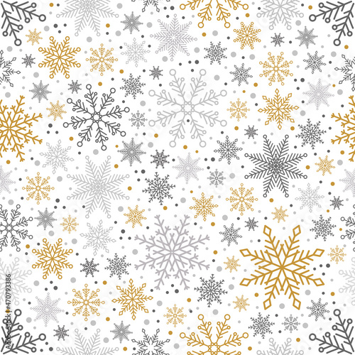 Simple Christmas seamless pattern. Snowflakes with different ornaments. On white background