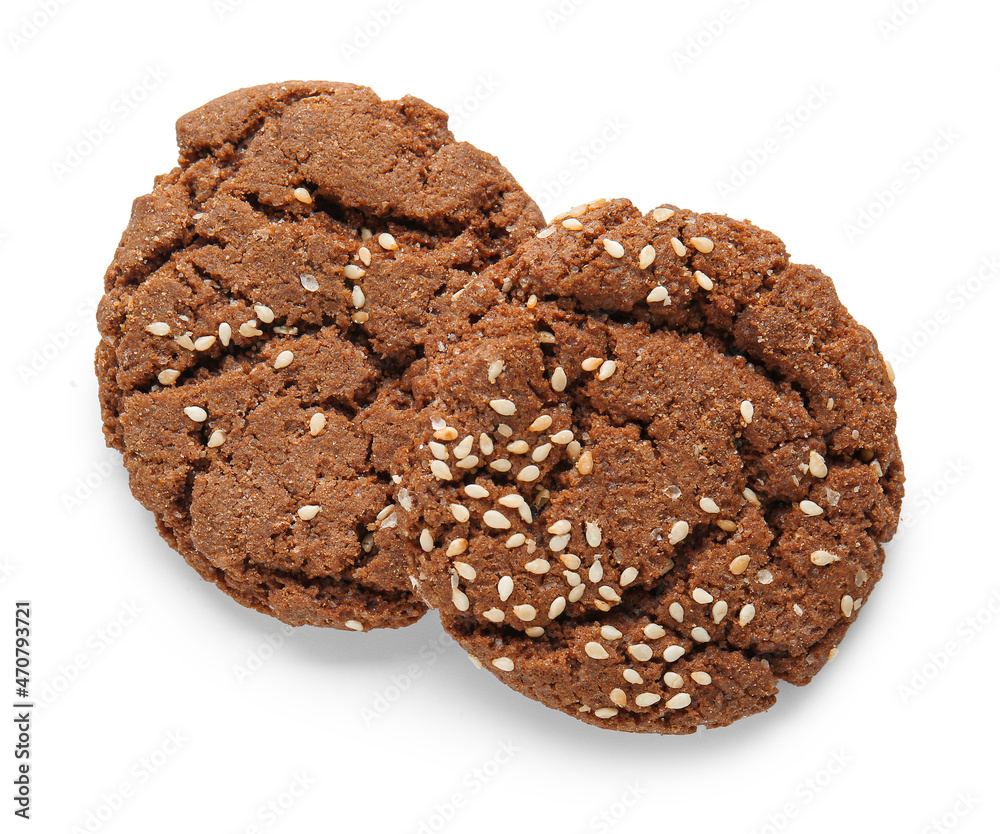 Delicious chocolate cookies with sesame on white background Delicious chocolate cookies with sesame on white background