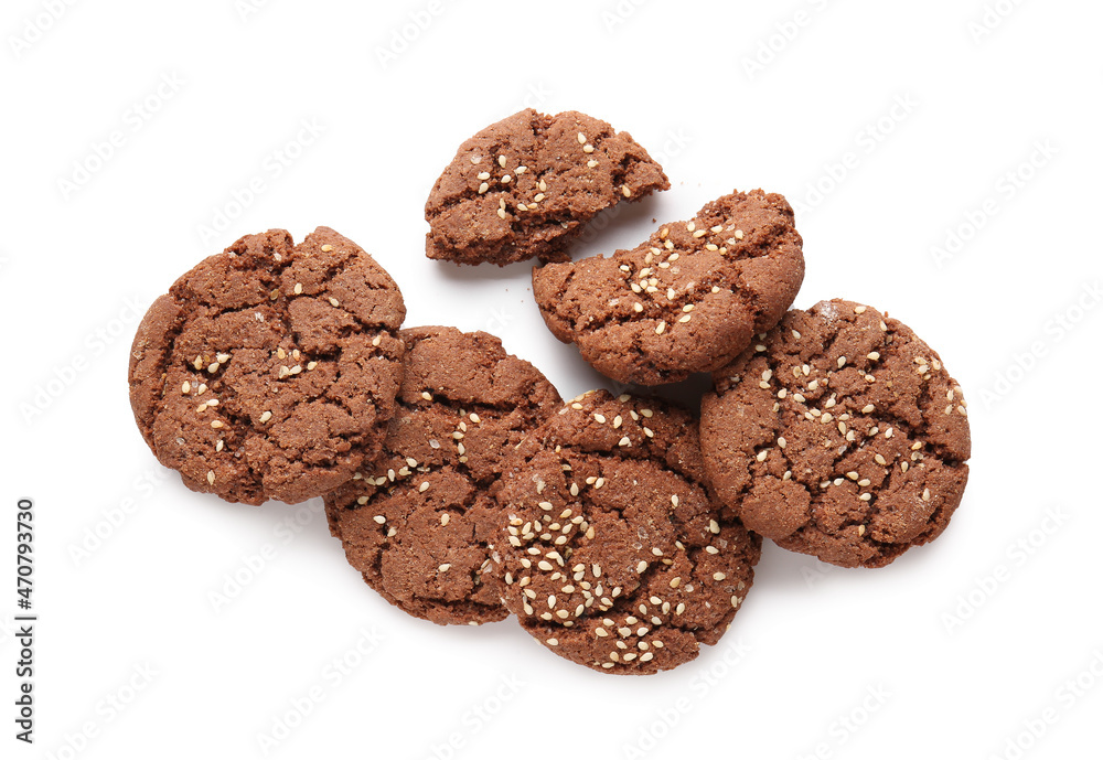 Delicious chocolate cookies with sesame on white background Delicious chocolate cookies with sesame on white background