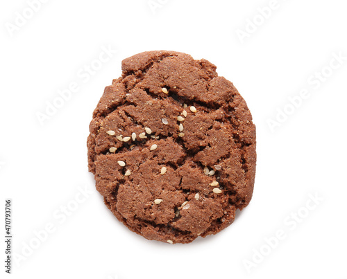 Delicious chocolate cookie with sesame on white background