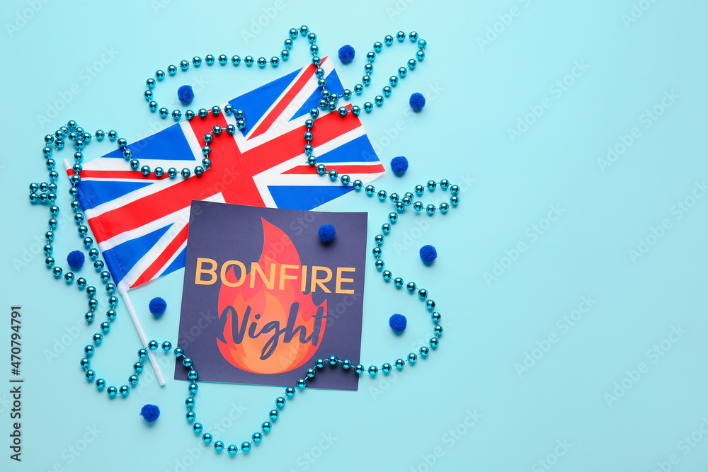 Fototapeta premium Greeting card with text BONFIRE NIGHT, flag of Great Britain and beads on color background