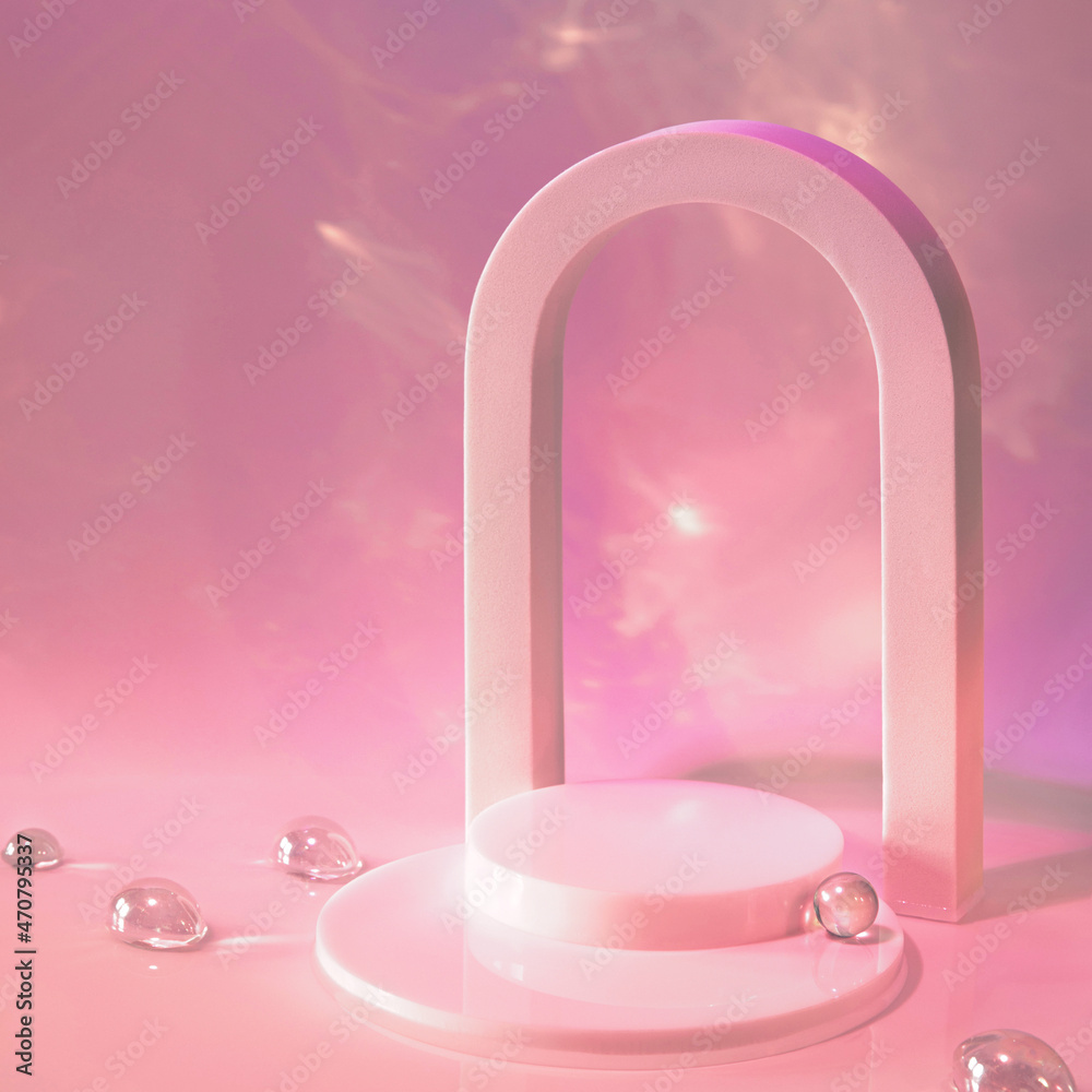 Abstract 3d surreal scene - empty stage with cylinder podium and arch on pink pastel background with glass beads in water. Pedestal for cosmetic, beauty product, packaging mockups presentation