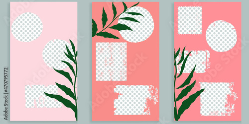 Social media covers with simple design elements . grunge style . Leaves . Post frame stories templates.  Layout for promotion .Media banner .Vector