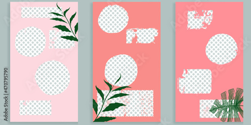 Social media covers with simple design elements . grunge style . Leaves . Post frame stories templates.  Layout for promotion .Media banner .Vector