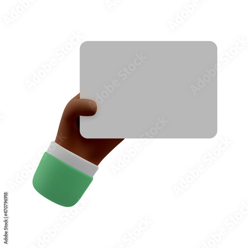 3d icon black skinned hand holding card or tablet gesture. Vector cartoon clip art. Realistic illustration for social media