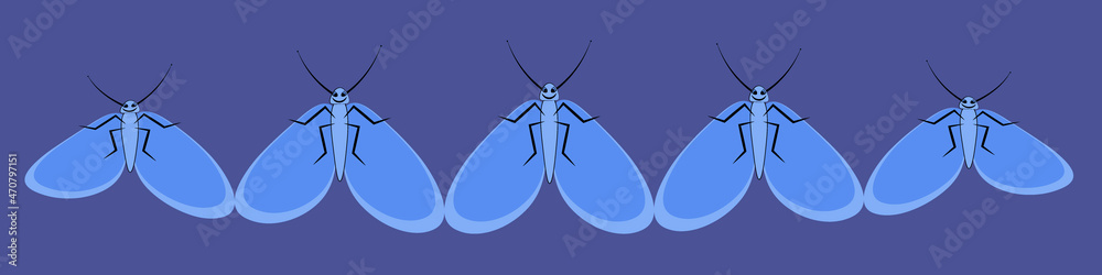 Illustration on a sheet of 4x1 format - ribbon, banner - stylized butterflies, moths - graphics. Fligh