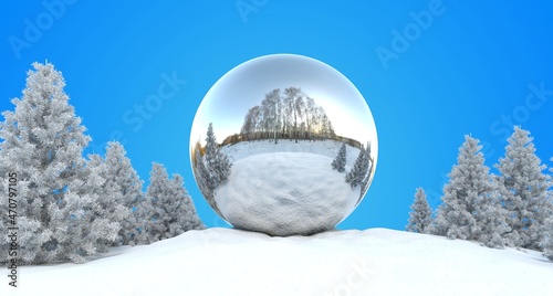 boule miroir au sommet d'une colline enneigée - art photo