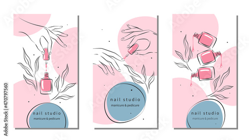 Set of design for nail studio for social media posts and stories, mobile apps. Nail polish, nail brush, manicured female hands. Vector illustrations