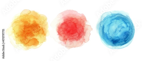 Hand painted colorful watercolor texture set. Abstract wash, circle round shapes. Blue, yellow, pink spots.