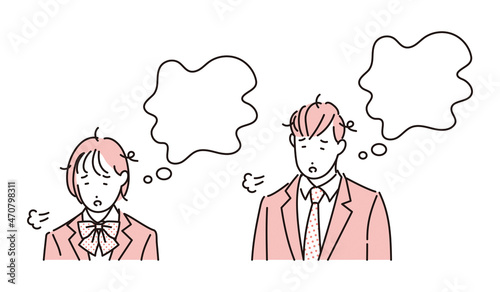 シンプル　イラスト　疲れてため息をつく学生の男女