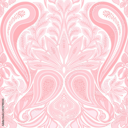 Paisley, traditional damask classical luxury old fashioned floral ornament. Seamless pattern, background. Vector illustration in soft rose colors