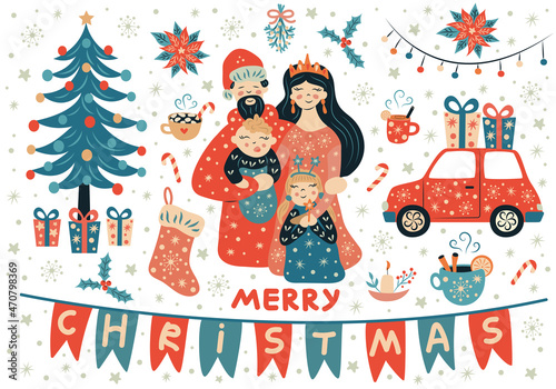 Christmas set family in festive clothes, a Christmas tree, gifts and decorations.