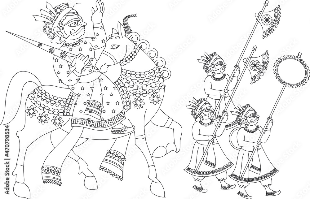 Fototapeta premium worrier and his army, wall painting, Rajasthan india. in Kalamkari folk style. 