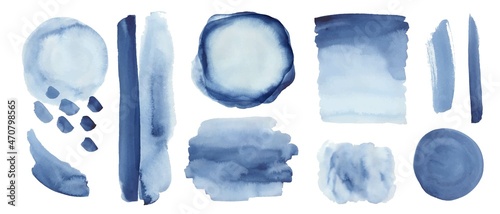 Set of blue, indigo watercolor textures, backgrounds, design elements. Hand painted brush strokes, circles, forms.