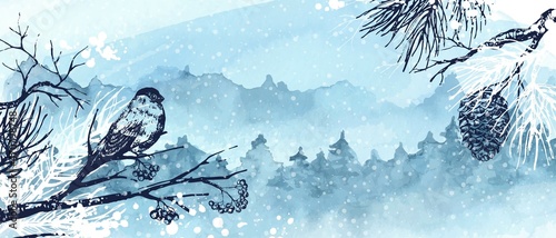 Winter blue watercolor background. Hand drawn tree, forst, mountains, pine branches, bird, pine cone.