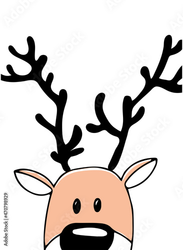 Deer head with horns funny muzzle. Christmas background. Vector hand drawn illustration