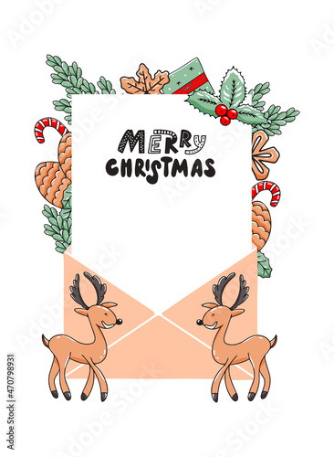 Merry Christmas vertical background with envelope and hand drawn elements. Vector illustration, template