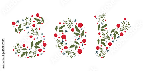 Joy - floral decorative Christmas lettering with hand drawn elements. Vector illustration lettering