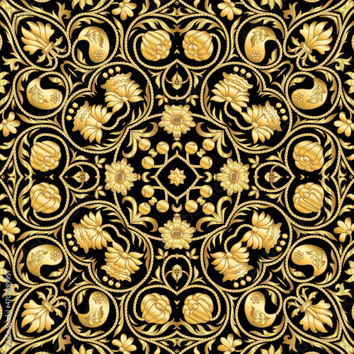 Fantasy flowers in retro, vintage, embroidery style. Seamless pattern, background. In gold and black.