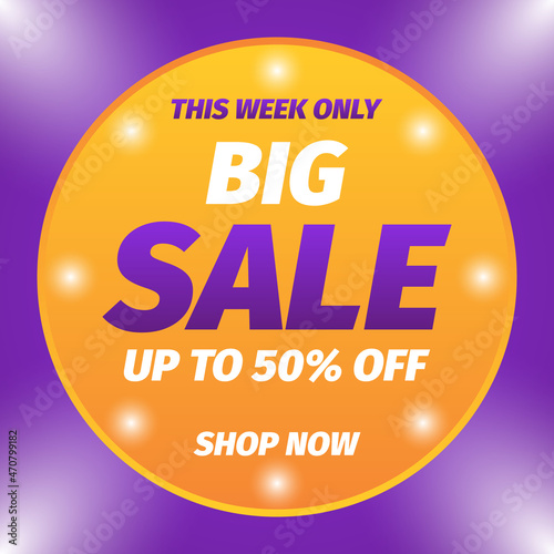 big sale banner or poster with orange and purple