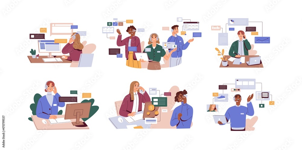 People during work calls, online consultations of support services and business communication in company. Operators in headsets talk with customers. Flat graphic vector illustrations isolated on white People during work calls, online consultations of support services and business communication in company. Operators in headsets talk with customers. Flat graphic vector illustrations isolated on white