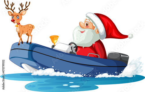 Santa Claus on the boat with a reindeer