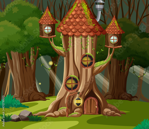 Fantasy forest background with tree house