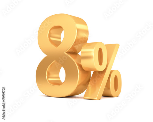 8% discount on sale. Gold eight percent isolated on white background. 3d rendering.