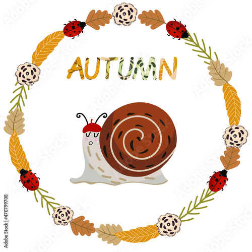 Autumn round wreath with flowers, foliage, leaves, lettering Autumn, ladybugs, snail.