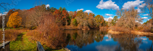 Peaceful autumn forest landscape over the serene pond with green footpath. Blue sky, white clouds, and reflections of colorful tree foliage on the calm water of the lake in New England, USA.