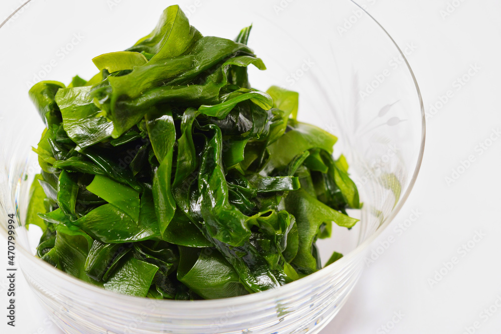 白背景のワカメ コピースペースあり Wakame seaweed on a white background with copy space 白背景のワカメ コピースペースあり Wakame seaweed on a white background with copy space
