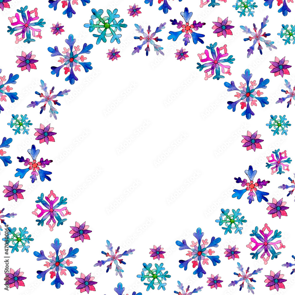 Snowflakes decorative frame, ornament, floral patterns, decorative element on a white background. Watercolor illustration.
