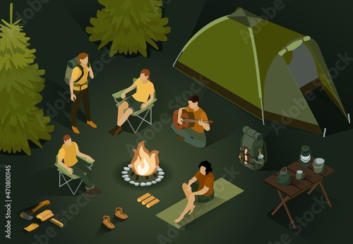 Night Camp Isometric Composition