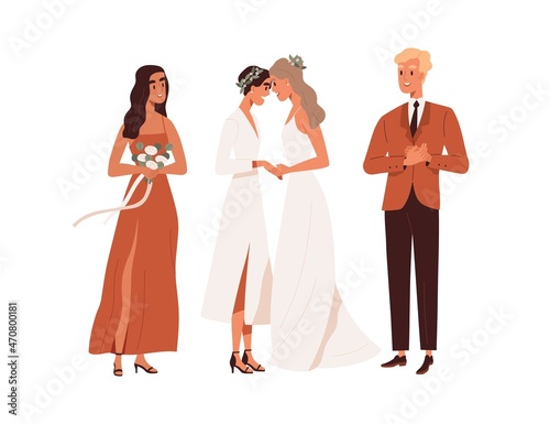 Lesbian couple and witnesses at LGBT wedding. Marriage of happy homosexual brides. Same-sex newlyweds partners in dresses. Modern married wives. Flat vector illustration isolated on white background