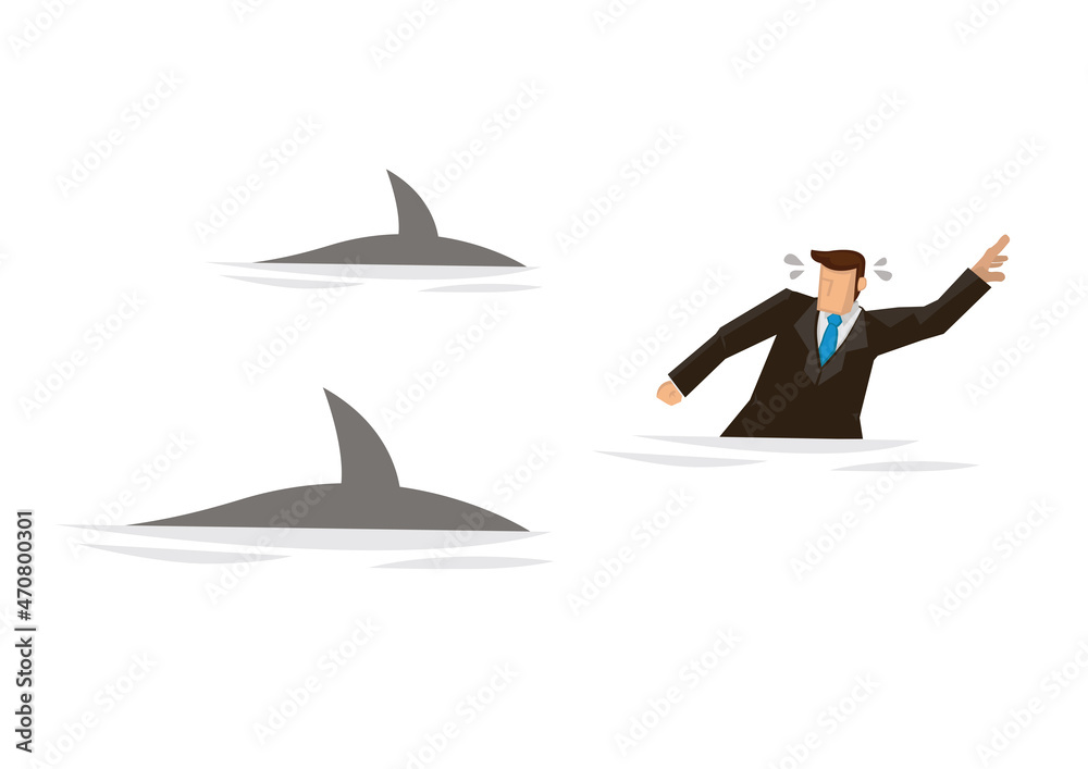 Businessman swimming panic avoiding shark attacks. Businessman swimming panic avoiding shark attacks.
