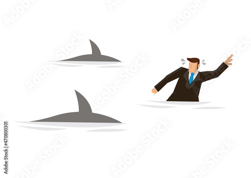 Businessman swimming panic avoiding shark attacks.