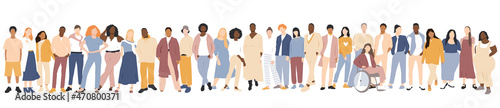 People of different ethnicities stand side by side together. Flat vector illustration.	