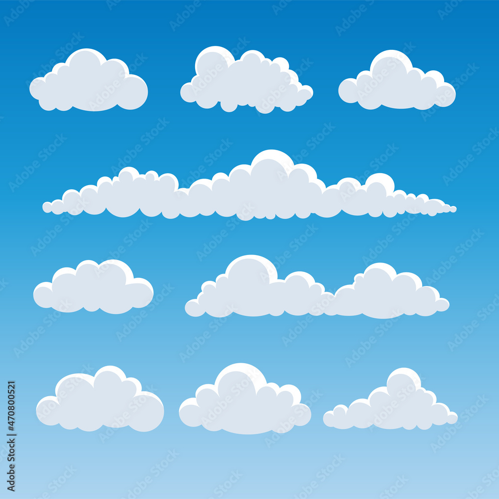 collection of clouds in the blue sky, vector flat cartoon illustration for web sites and banners design. collection of clouds in the blue sky, vector flat cartoon illustration for web sites and banners design.