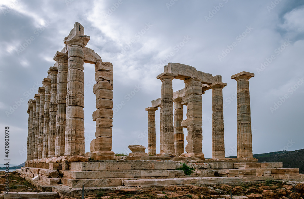 The ruins of the temple of Poseidon, in Cape Sounion, Attica, Greece.