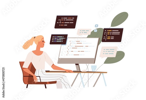 Coder at computer screen with abstract program code. Software developer work with script. Woman programmer at PC. Information technology concept. Flat vector illustration isolated on white background