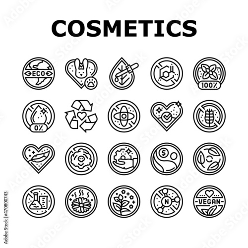 Eco Cosmetics Organic And Bio Icons Set Vector. Natural Fragrance Handmade And Herbal Aromatic Eco Cosmetics, Cruelty And Nitrate Free Cosmetology Product Black Contour Illustrations