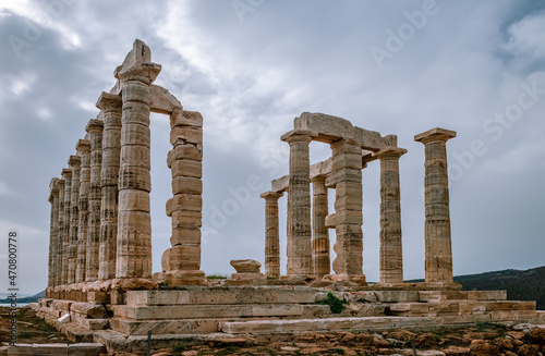 The ruins of the temple of Poseidon, in Cape Sounion, Attica, Greece.