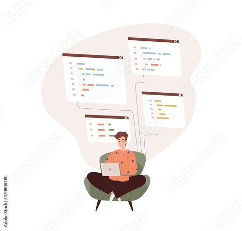 Coder programming with laptop. Backend developer coding. Software engineer at work with scripts. Information technology and development concept. Flat vector illustration isolated on white background