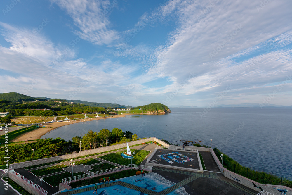 Summer, 2018 - Vladivostok, Russia - All-Russian camp Ocean in the summer. View from above. Residential buildings and public areas at a children's summer camp in Vladivostok.