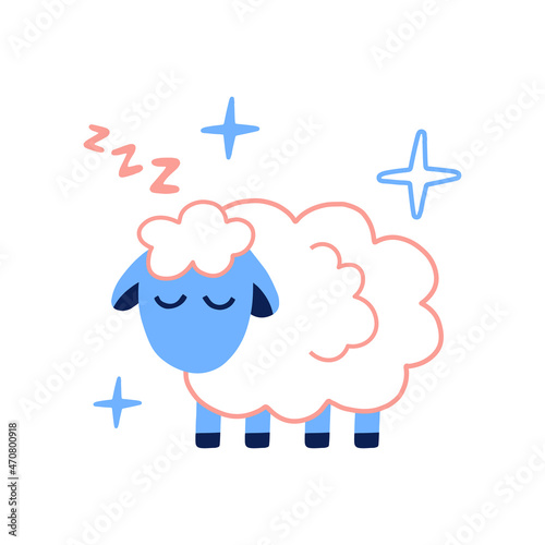 Little sheep sleeping. Trendy style poster about sleep, dream, relax, counting sheeps, insomnia, baby sleep. Cute sheep on white background with stars. Vector modern illustration.