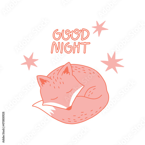 Cute cartoon fox baby sleeping. Poster with cute sleeping fox character with stars and lettering. Good night concept. Print for decor of children bedroom. Vector illustration for baby shower.