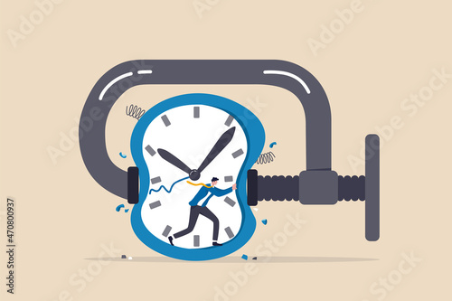 Time pressure or running out of time, stress or anxiety to finish work within aggressive deadline or time management concept, frustrated businessman try to stop squeezed timer clock.