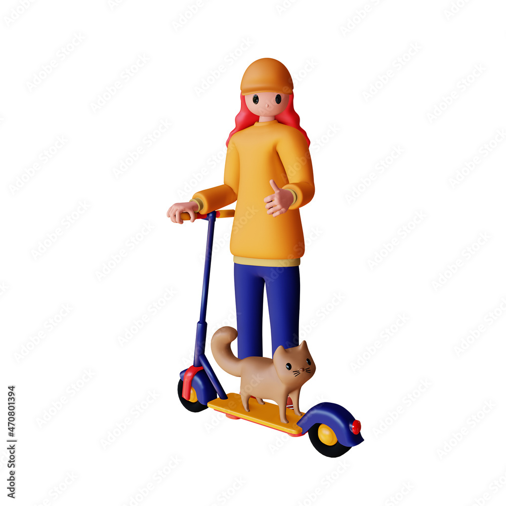 3d female character riding a fun electric scooter with cat 3d female character riding a fun electric scooter with cat