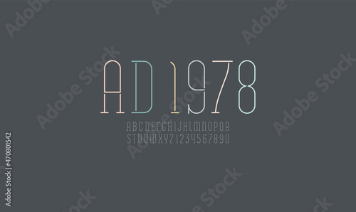Font from thin line, alphabet of retro style, old condensed letters and numbers, vector illustration 10EPS