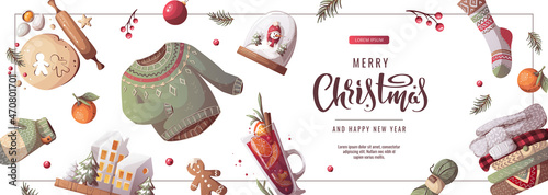 Banner design for Merry Christmas and New Year. Cozy winter, home comfort, holidays concept. Vector illustration for poster, banner, flyer, sale, advertising.